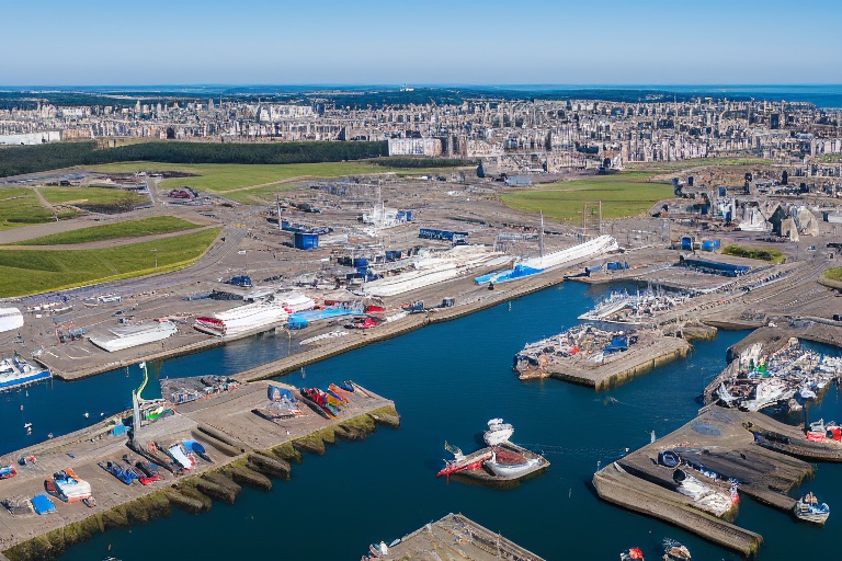 Aerial view of Aberdeen South Harbour expansion showing new deepwater berths and industrial infrastructure