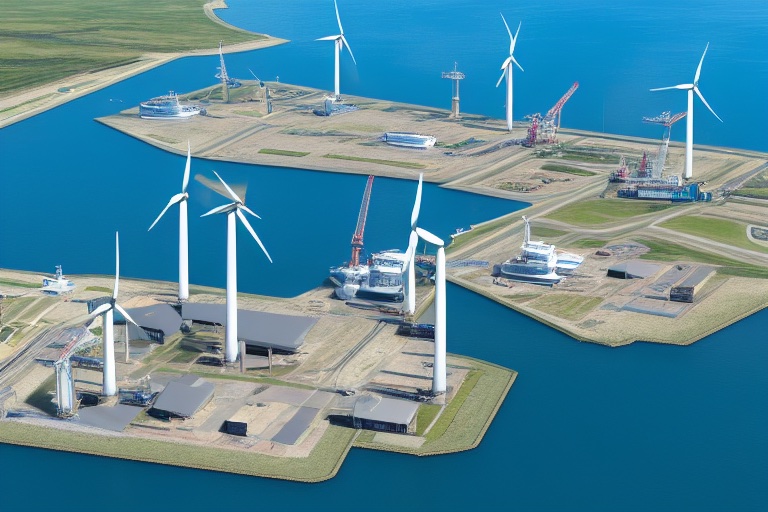 North Sea offshore energy scene with platforms, vessels and wind turbines