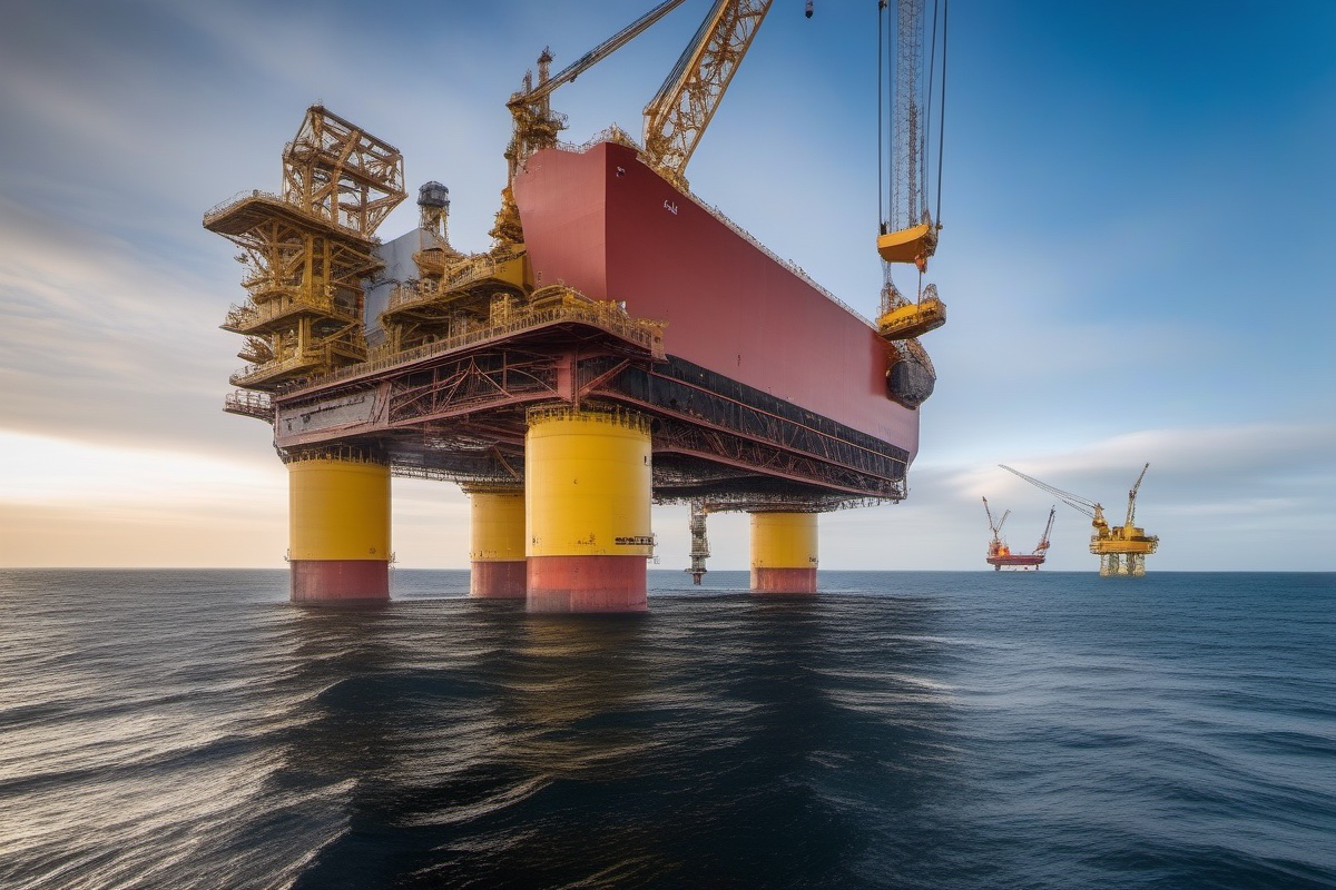 Heavy lift vessel removing offshore platform topside in the North Sea